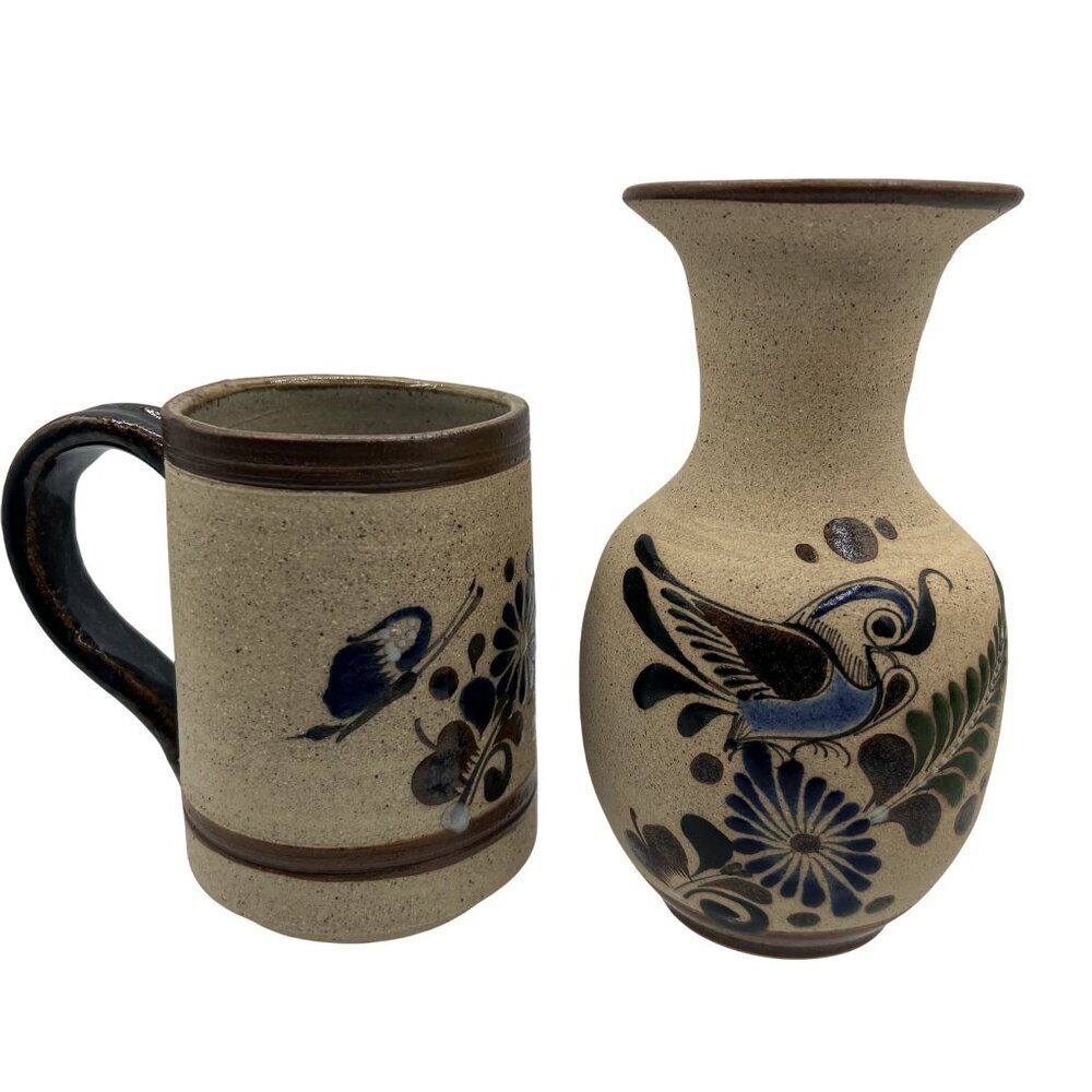 Vintage Mexican Folk Art Gardiel Pottery Mexico Signed Mug Vase Set Collectable